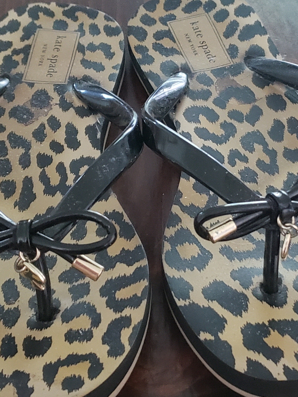 kate spade Black Patent Leather Bow Flip Flop Sandals with Leopard Print Footbed